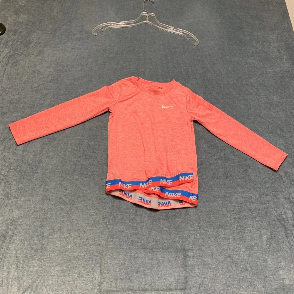 Nike Long Sleeve Shirt Girl 5 Heathered Pink Logo Performance Activewear Dri-Fit